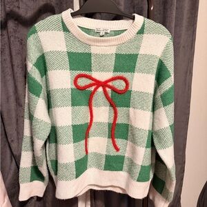 Together Green and White Plaid Sweater with Red Bow